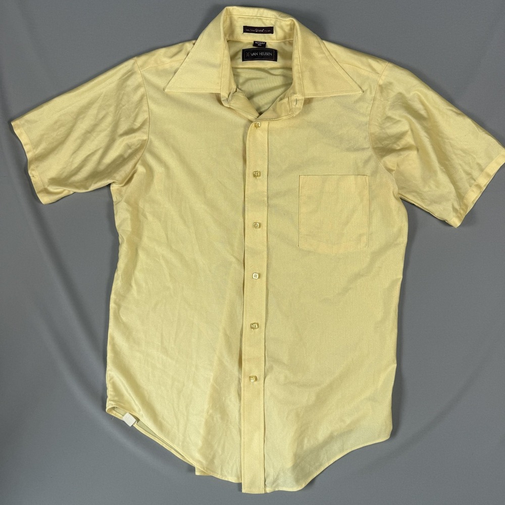 Vintage Van Heusen Shirt Mens 15.5 Yellow Qiana Nylon Short Sleeve 70s